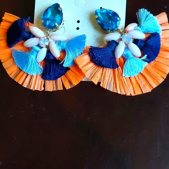 Beautiful Fringe Orange and Blue Earrings - Picture 3 of 3